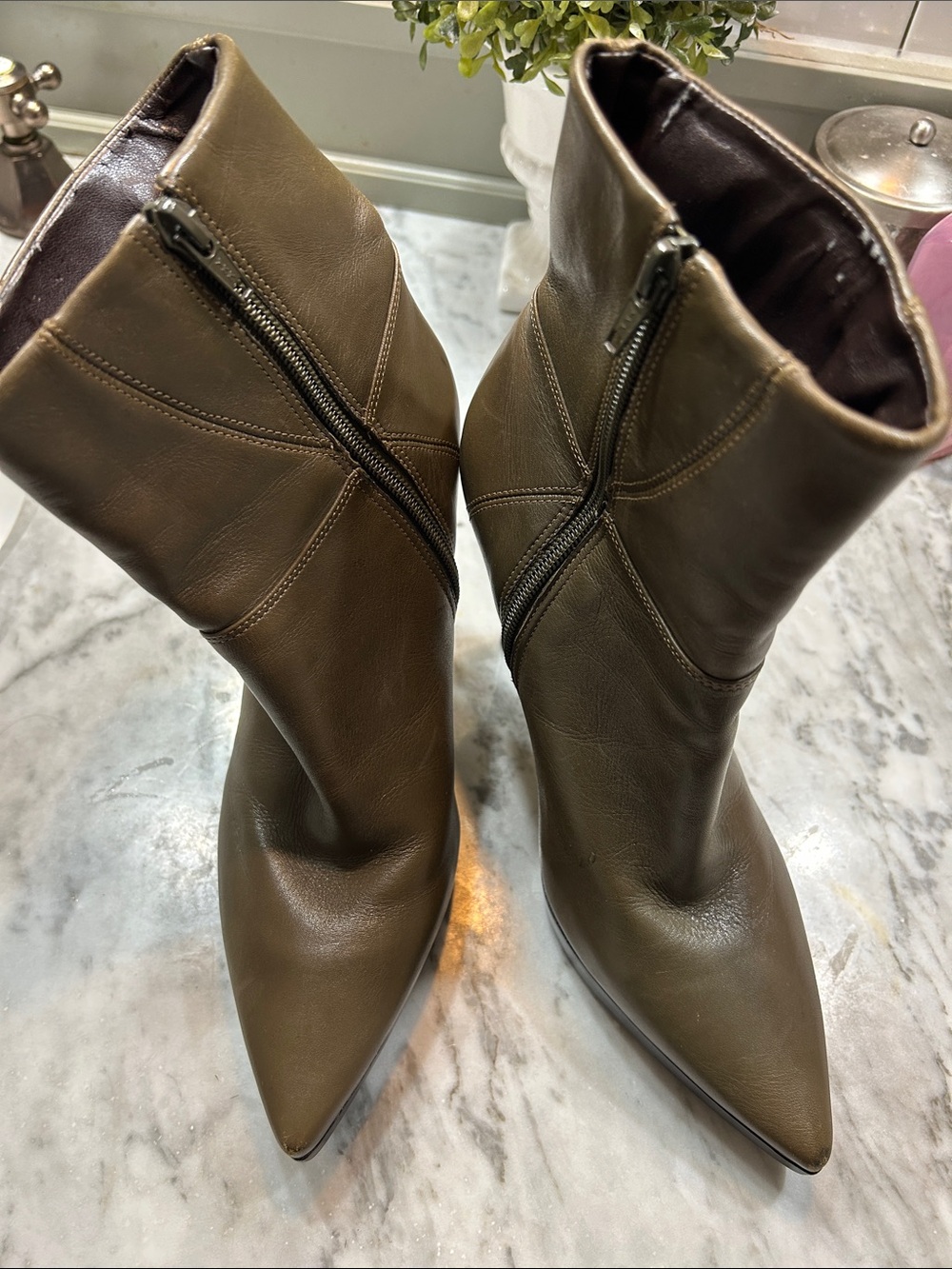 Pointed-Toe Mid-Calf Leather Ankle Boots in Olive